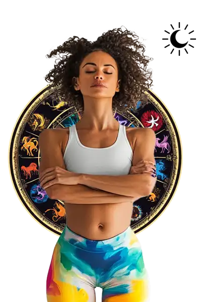 a woman in workout gear in front of horoscope circle